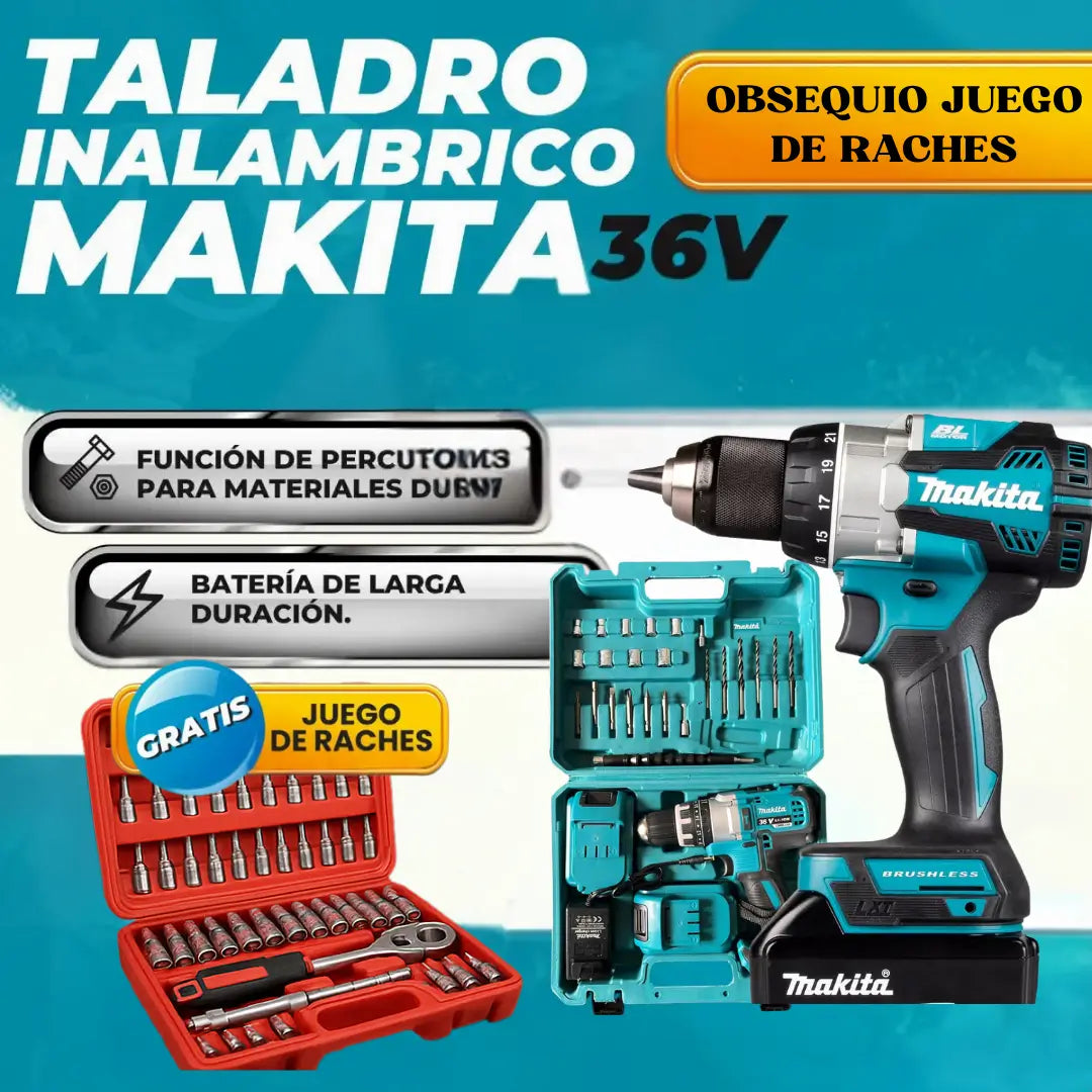 COMBO TALADRO INALAMBRICO 36V MAKITA EN CAJA AZUL , CAJA DE HERRAMIENTAS Y OBSEQUIO JUEGO DE RACHES ✅