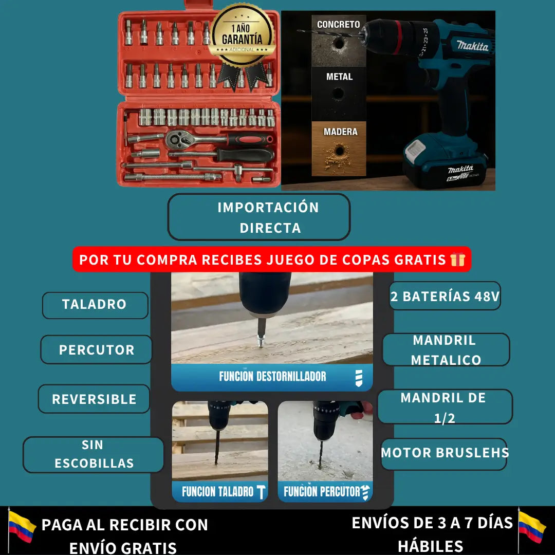 Kit Profesional: Taladro 48V + 46 Copas como regalo 🎁