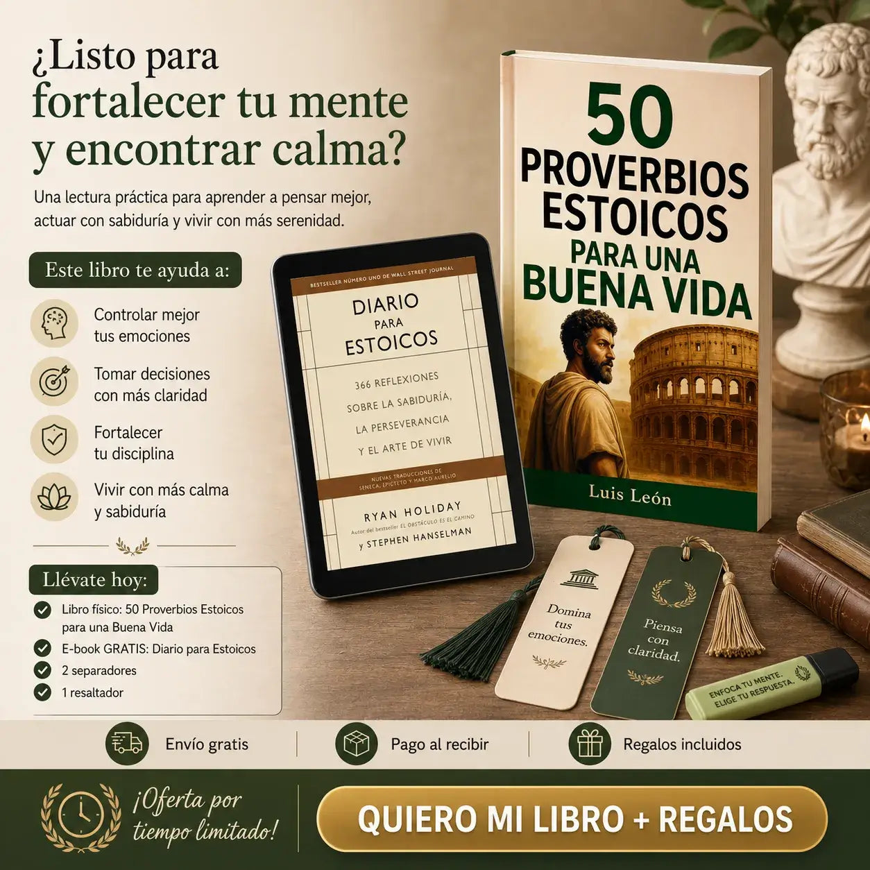 🧠 Entrena tu mente con 50 Proverbios Estoicos para una Buena Vida + 🎁 E-book GRATIS + 2 Separadores + 1 Resaltador