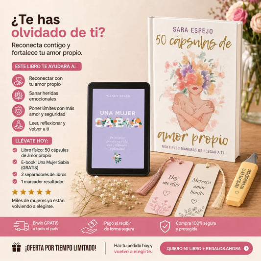 🌸 50 Cápsulas de Amor Propio: vuelve a ti y fortalece tu autoestima + E-book GRATIS “Una Mujer Sabia” + 2 separadores + 1 resaltador 🎁📖