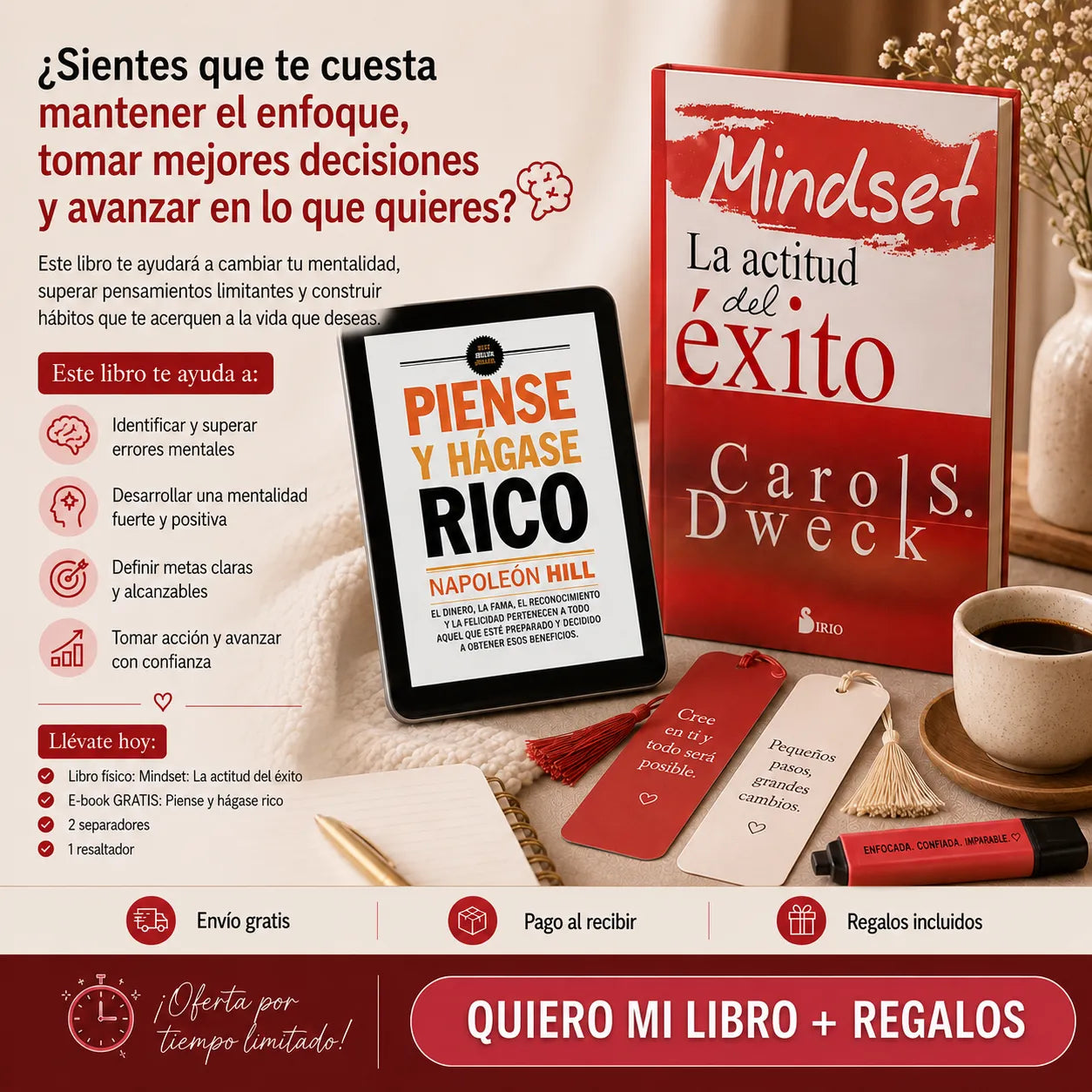 🔥 Oferta Mindset: 📘 Libro físico + 📲 E-book Piense y hágase rico + 🔖 2 separadores + 🖍️ resaltador de regalo