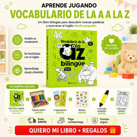 🎁 Vocabulario A-Z Bilingüe + Caja de Colores, 2 Separadores, Stickers, Resaltador y Libro para Colorear 📚✨