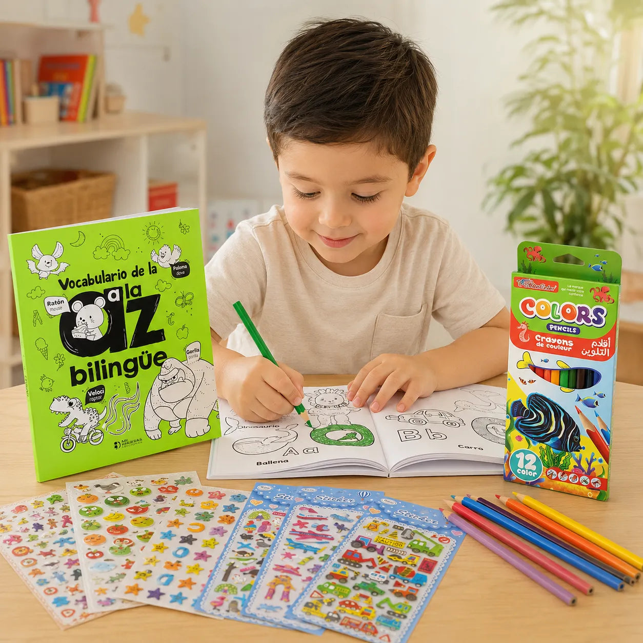 🎁 Vocabulario A-Z Bilingüe + Caja de Colores, 2 Separadores, Stickers, Resaltador y Libro para Colorear 📚✨