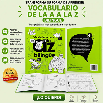🎁 Vocabulario A-Z Bilingüe + Caja de Colores, 2 Separadores, Stickers, Resaltador y Libro para Colorear 📚✨