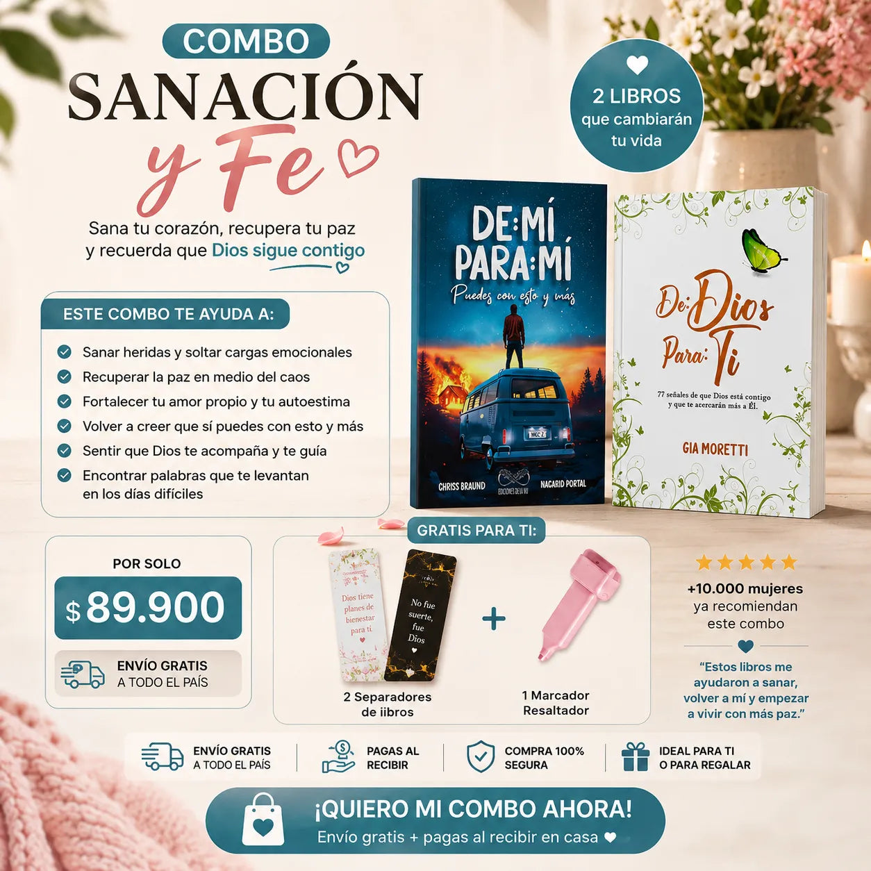 Combo Nuevo Comienzo 🌷📖 De mí para mí + De Dios para ti + 2 separadores + resaltador de regalo 📚