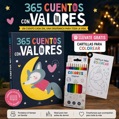 📚✨ 365 CUENTOS CON VALORES + KIT CREATIVO GRATIS 🎁 | Cartilla para Colorear + 12 Colores + 2 Separadores + 1 Resaltador
