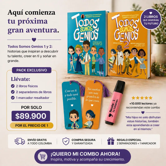 ¡Inspira a tus hijos con el Combo "Todos Somos Genios 1 y 2" + 2 Separadores + 1 Marcador Resaltador + Envío Gratis! 📚🎁