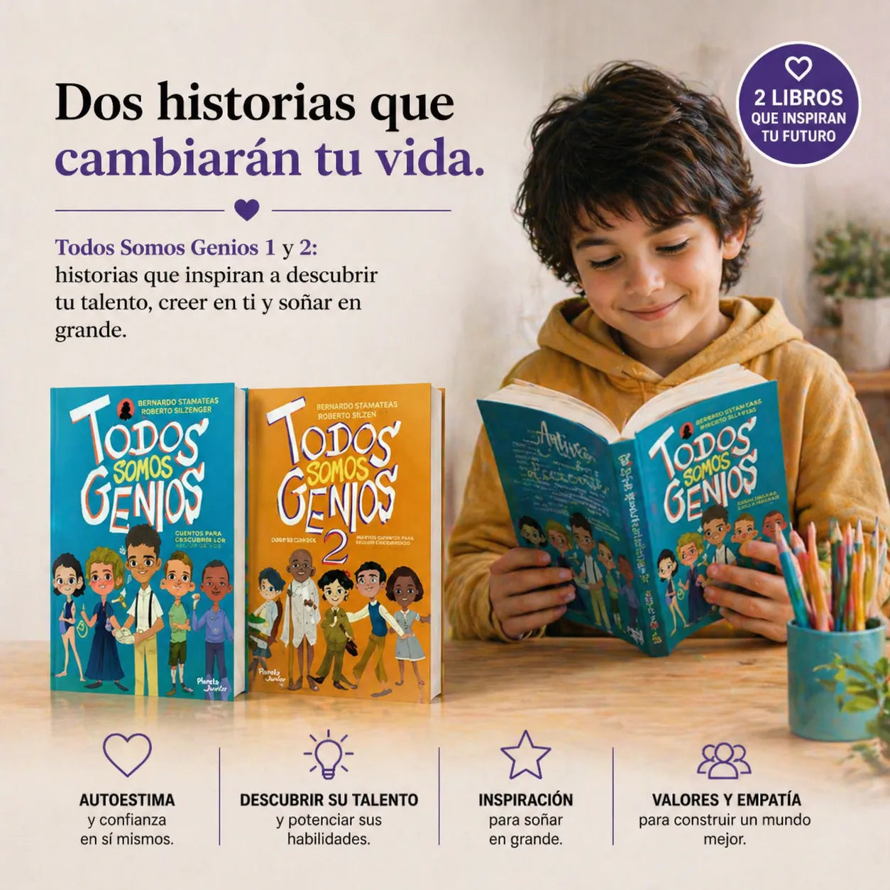 ¡Inspira a tus hijos con el Combo "Todos Somos Genios 1 y 2" + 2 Separadores + 1 Marcador Resaltador + Envío Gratis! 📚🎁