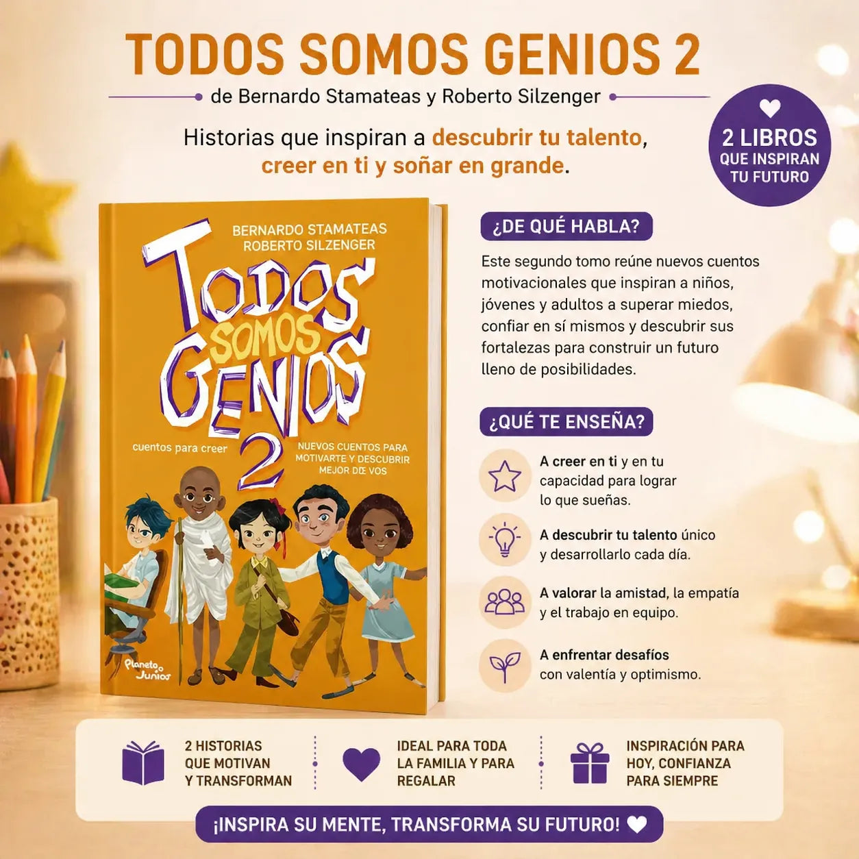 ¡Inspira a tus hijos con el Combo "Todos Somos Genios 1 y 2" + 2 Separadores + 1 Marcador Resaltador + Envío Gratis! 📚🎁