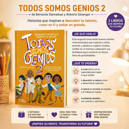¡Inspira a tus hijos con el Combo "Todos Somos Genios 1 y 2" + 2 Separadores + 1 Marcador Resaltador + Envío Gratis! 📚🎁