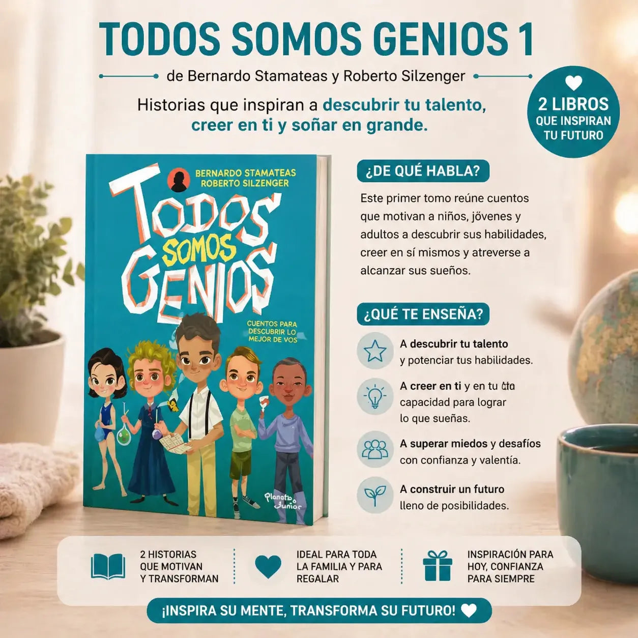 ¡Inspira a tus hijos con el Combo "Todos Somos Genios 1 y 2" + 2 Separadores + 1 Marcador Resaltador + Envío Gratis! 📚🎁