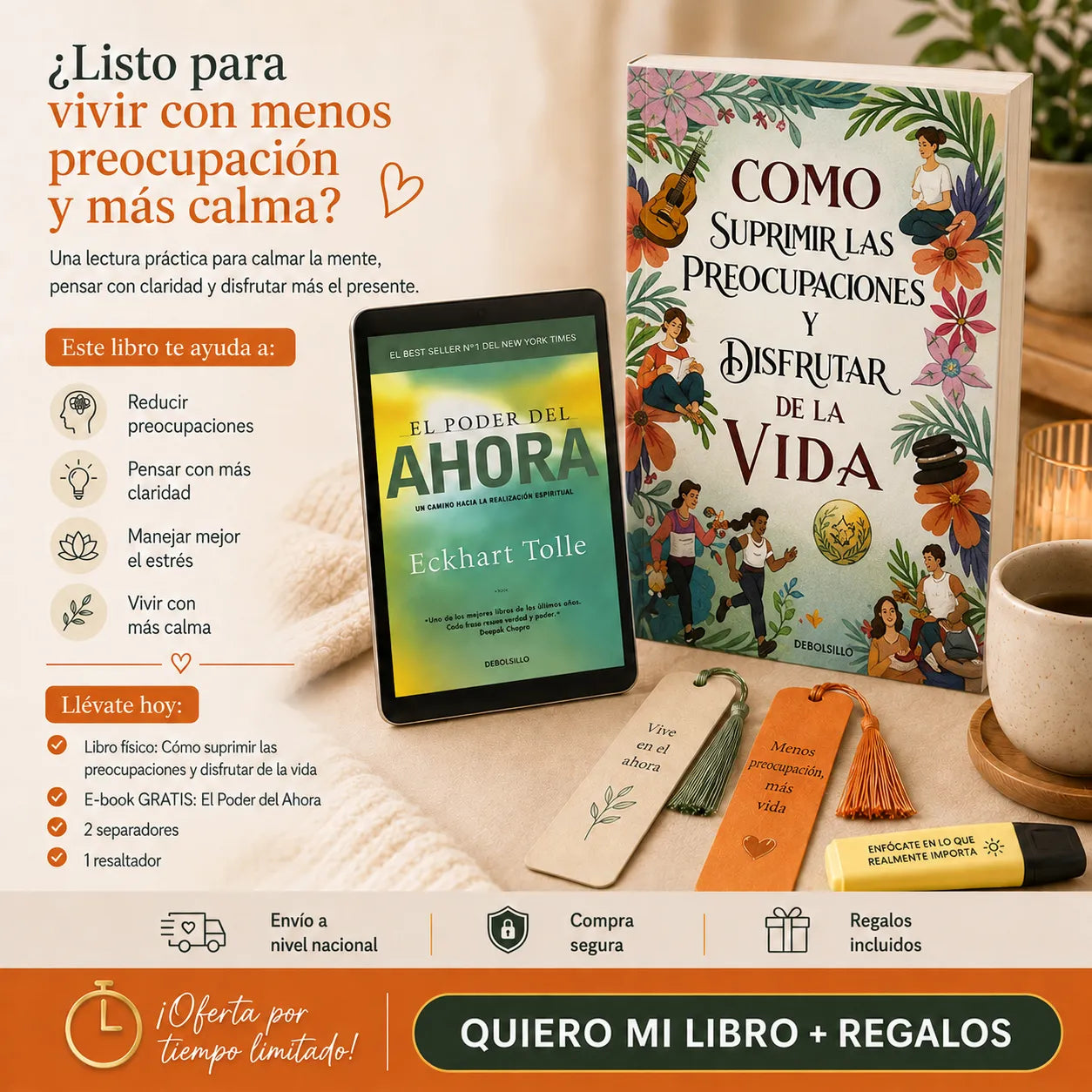 Recupera tu Calma Mental 🌿 📘 Cómo Suprimir las Preocupaciones y Disfrutar de la Vida + E-book GRATIS🎁 + 2 Separadores + Resaltador
