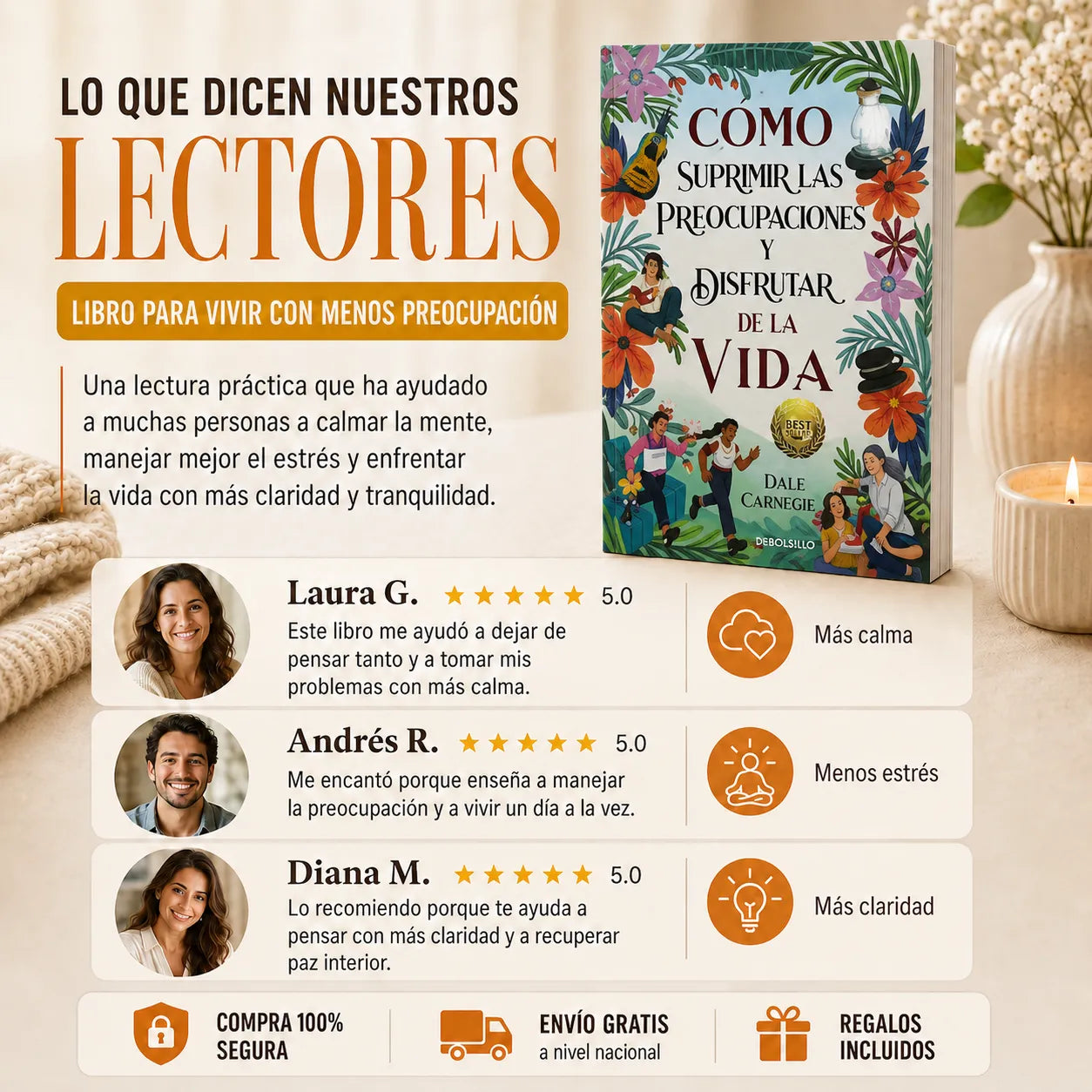 Recupera tu Calma Mental 🌿 📘 Cómo Suprimir las Preocupaciones y Disfrutar de la Vida + E-book GRATIS🎁 + 2 Separadores + Resaltador