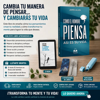 Compra “Como el Hombre Piensa, Así es su Vida” y recibe un e-book GRATIS 📱 + 2 separadores de libros 📚 + 1 marcador resaltador ✍️