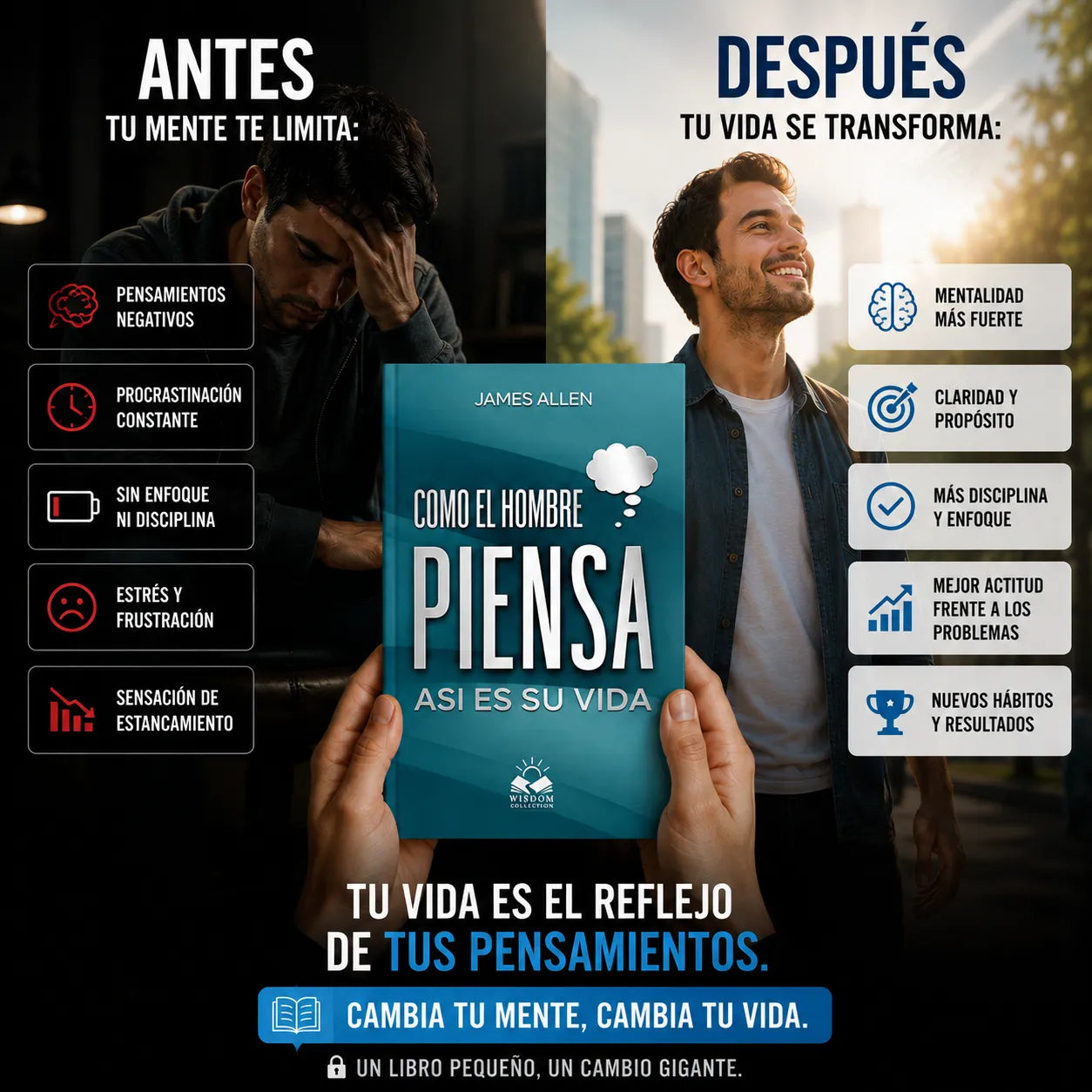 Compra “Como el Hombre Piensa, Así es su Vida” y recibe un e-book GRATIS 📱 + 2 separadores de libros 📚 + 1 marcador resaltador ✍️