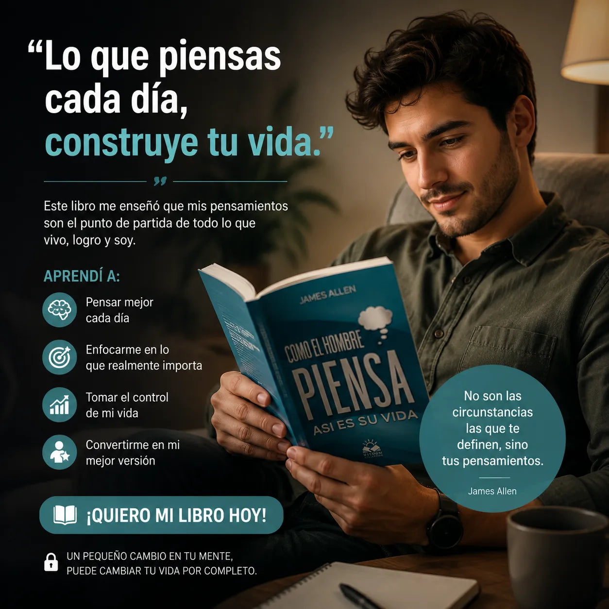 Compra “Como el Hombre Piensa, Así es su Vida” y recibe un e-book GRATIS 📱 + 2 separadores de libros 📚 + 1 marcador resaltador ✍️