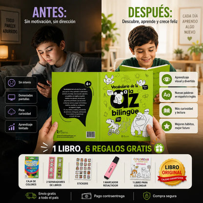 🎁 Vocabulario A-Z Bilingüe + Caja de Colores, 2 Separadores, Stickers, Resaltador y Libro para Colorear 📚✨
