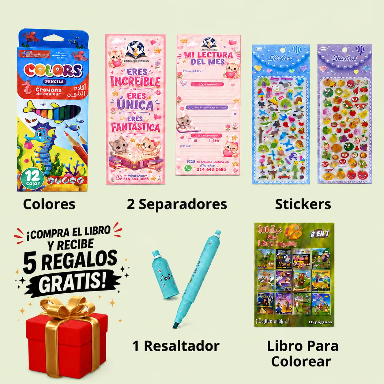 🎁 Vocabulario A-Z Bilingüe + Caja de Colores, 2 Separadores, Stickers, Resaltador y Libro para Colorear 📚✨