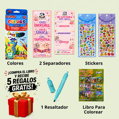 🎁 Vocabulario A-Z Bilingüe + Caja de Colores, 2 Separadores, Stickers, Resaltador y Libro para Colorear 📚✨