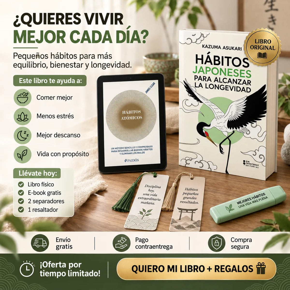 🎁 PACK HÁBITOS JAPONESES | LIBRO ORIGINAL ✅ + E-book Hábitos Atómicos 📱 + 2 Separadores 🔖 + 1 Resaltador 🖍️
