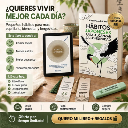 🎁 PACK HÁBITOS JAPONESES | LIBRO ORIGINAL ✅ + E-book Hábitos Atómicos 📱 + 2 Separadores 🔖 + 1 Resaltador 🖍️