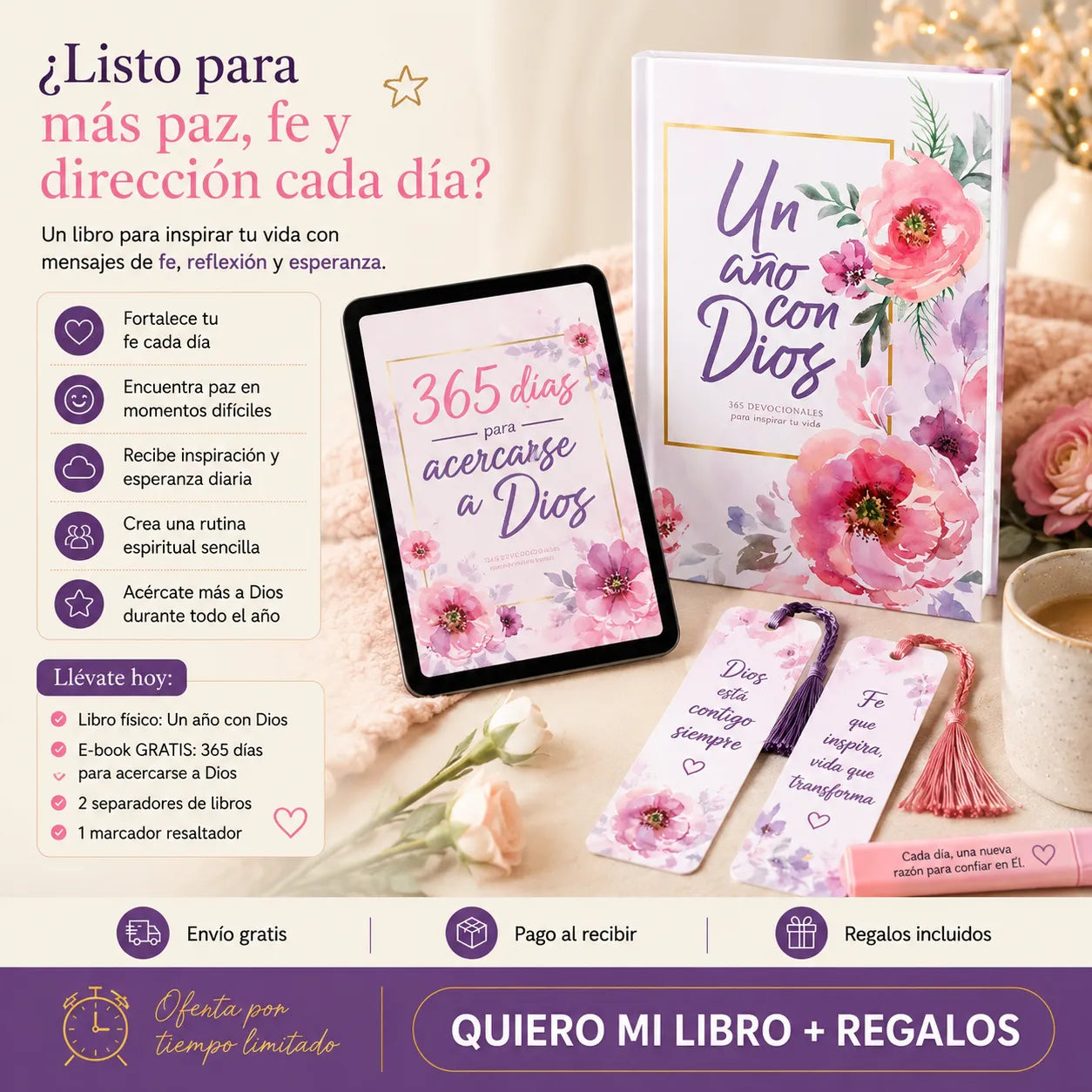 🙏 Regálate 365 Días de Fe, Paz y Esperanza con Dios 📖✨ Incluye libro físico + E-book GRATIS + 2 separadores + 1 resaltador 🎁